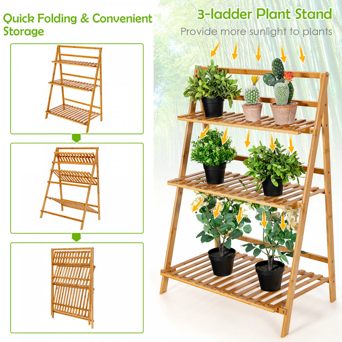 Costway 3 Tier Bamboo Flower Pot Shelf Stand Folding Display Rack Garden Yard