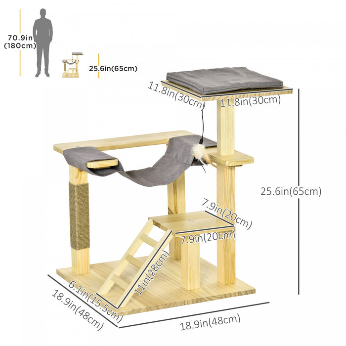 Pawhut 25.5\" Cat Tree Kitty Tower Activity Center Pinewood Cat Climbing Toy Indoor Outdoor Pet Furniture With Jute Scratching Post Bed Perch Hanging Toy Ladder Cushion Natural