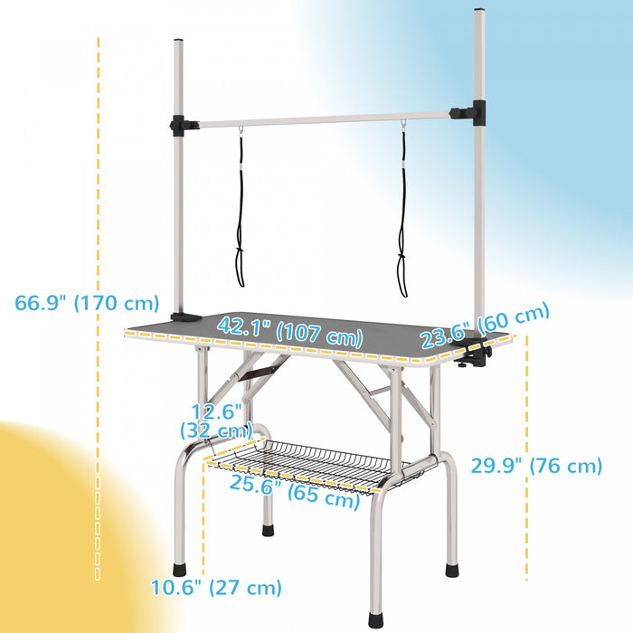 Pawhut Adjustable Dog Grooming Table Rubber Top 2 Safety Slings Mesh Storage Basket Heavy Metal Grey 42.25\"x 23.5\" X 67\"