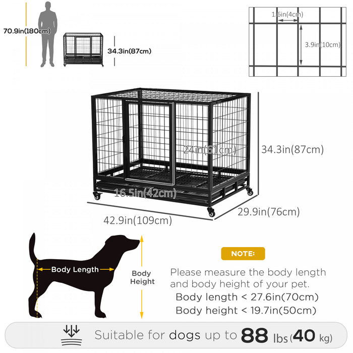 Pawhut Heavy Duty Dog Crate Cage For Large Dogs Cats With Two Doors, Lockable Wheels, Removable Tray, 43\" X 30\" X 34.5''
