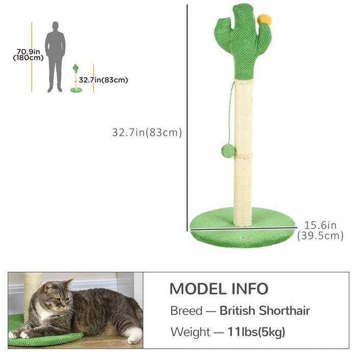 Pawhut 33\" Cactus Cat Scratching Post For Indoor Cats, Sisal Cat Scratcher With Hanging Ball, Green
