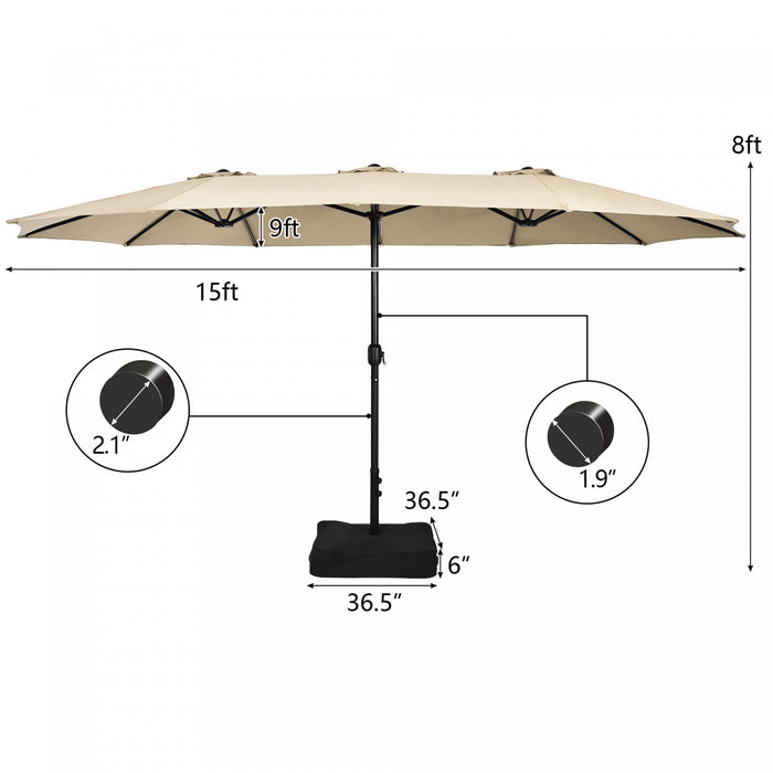 Costway 15FT Double-Sided Twin Patio Umbrella Outdoor Market W/ Crank & Base Beige