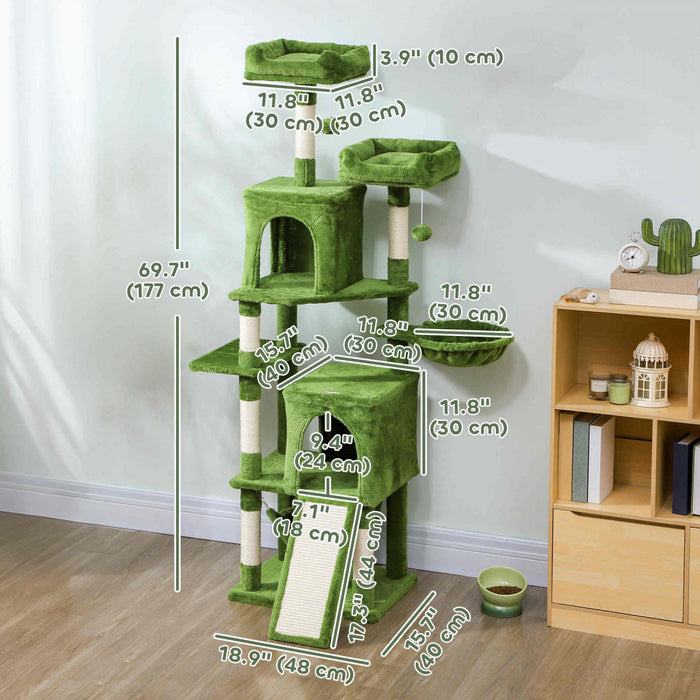 PawHut Cat Tree, 70\" Multi-Level Cat Tower for Indoor with 2 Condos, 2 Plush Top Perches, Hammock, Platforms, Toy Balls, Sisal Scratching Posts and Board, Green