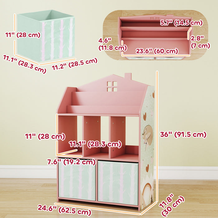 Qaba Kids Bookshelf with Toy Storage, Children's Bookcase with Book Display, Shelves and Fabric Drawers, Toy Organizer for Playroom and Nursery, Pink