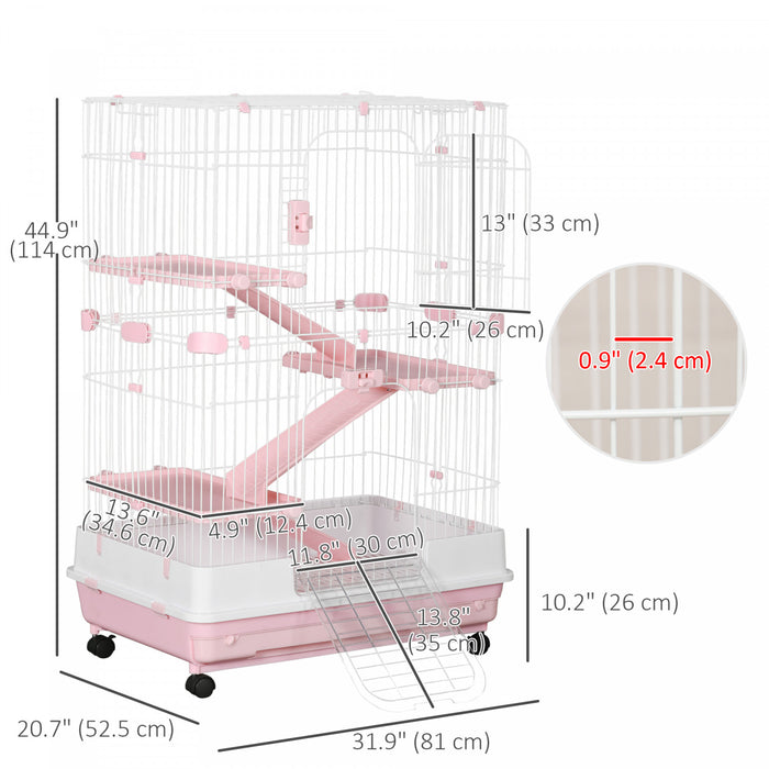 Pawhut 45\"h 4-level Small Animal Cage Rabbit Hutch With Universal Lockable Wheels, Slide-out Tray For Bunny, Chinchillas, Ferret, Pink