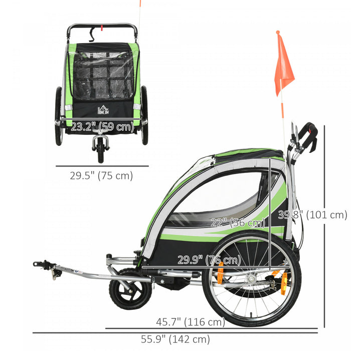 Aosom 2-in-1 Bike Trailer For Kids 2 Seater, Baby Stroller With Brake, Storage Bag, Safety Flag, Reflectors & 5 Point Harness, Green