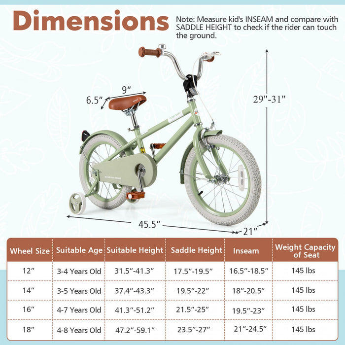 Costway 16\" Kids Bike With Adjustable Saddle Handlebar Removable Training Wheels Handbrake Green