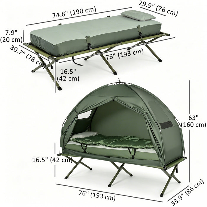 Outsunny 4-in-1 Camping Cot Tent, 1-Person Off-Ground Bed with Air Mattress, Sleeping Bag & Pillow