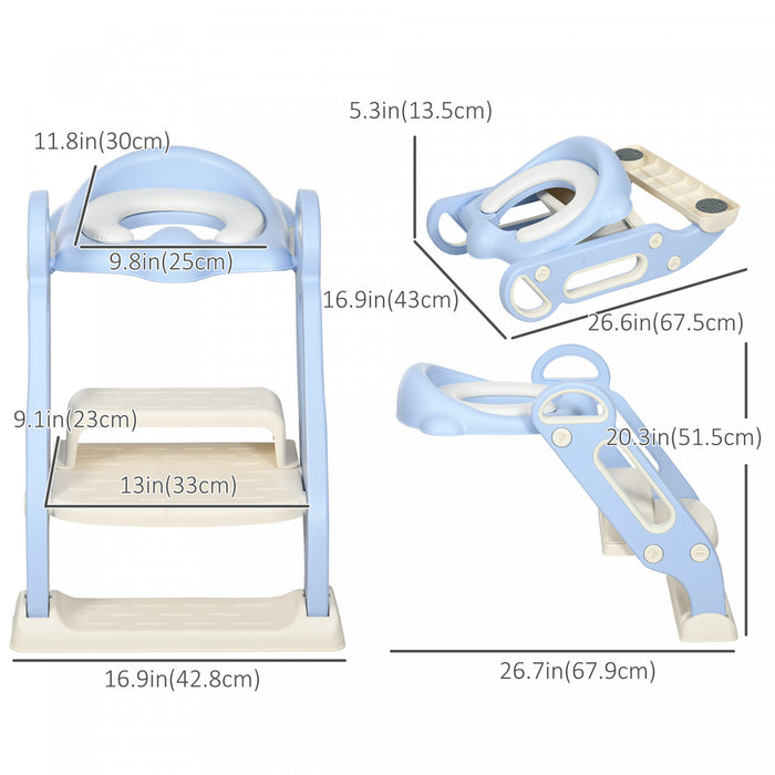 Qaba Potty Training Toilet Seat With Step Stool Ladder, Children Toilet Training Seat Chair With Soft Cushion, Handles, Non-slip Wide Steps, Splash Guard, For Boys And Girls, Blue