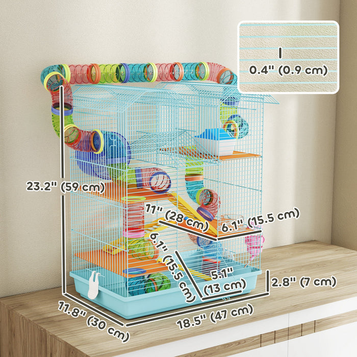 Pawhut 18.5\" Hamster Cage, 5 Tiers Small Animal House With Tunnel Tube System, Exercise Wheel, Water Bottle, Food Dish, Ramp, Light Blue
