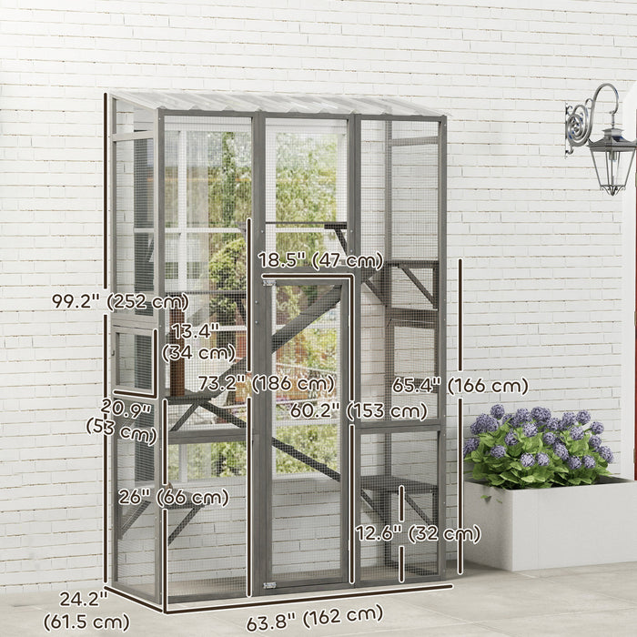 PawHut Catio Outdoor Cat Enclosure, Large Wooden Cat House with 6 Platforms, Scratching Post, 2 Ramps, Waterproof Roof, Walk-in Kitty Cage for 2–3 Kittens, 64\" x 24\" x 99\", Grey