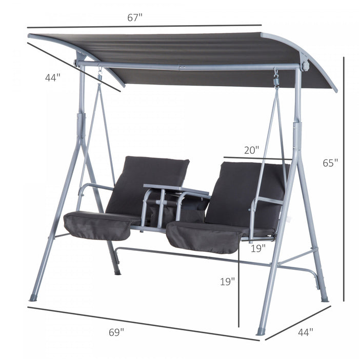 Outsunny Double Outdoor Swing Chair 2 Person Covered Swing Porch Swing W/ Pivot Table & Storage Console Grey