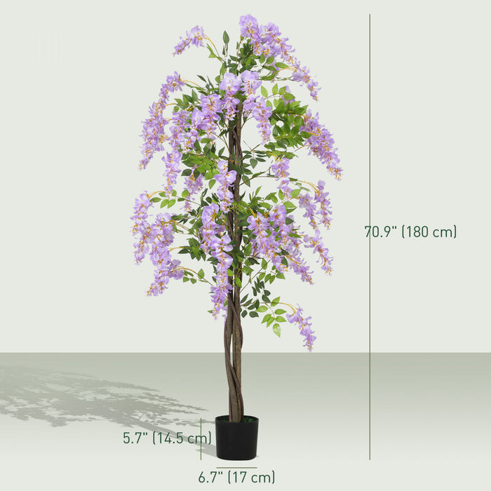 HOMCOM 5.9FT Artificial Wisteria Tree with Natural Wood Purple