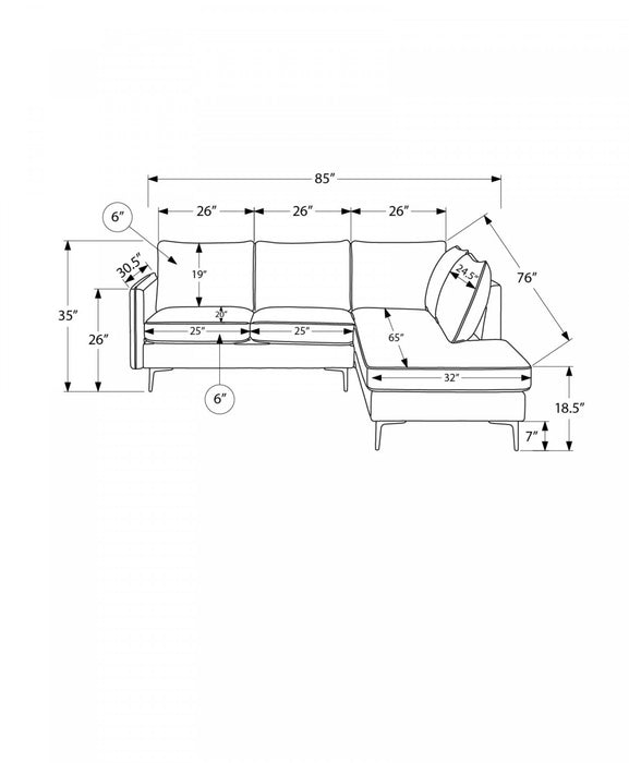 Upholstered Sofa Sectional, 86\" Wide, Beige Fabric, Black Metal Legs Sectional