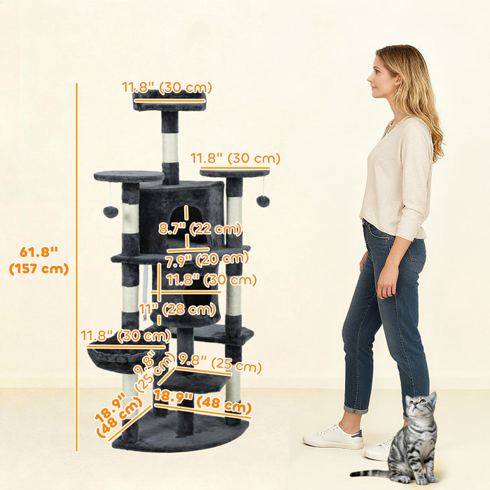 PawHut Cat Tree, 62\" Multi-Level Cat Tower with Scratching Posts, 2 Condos, Hammock, Perches, Plush, Pompoms, for Indoor Kittens Playing, Resting, Sleeping, Dark Grey