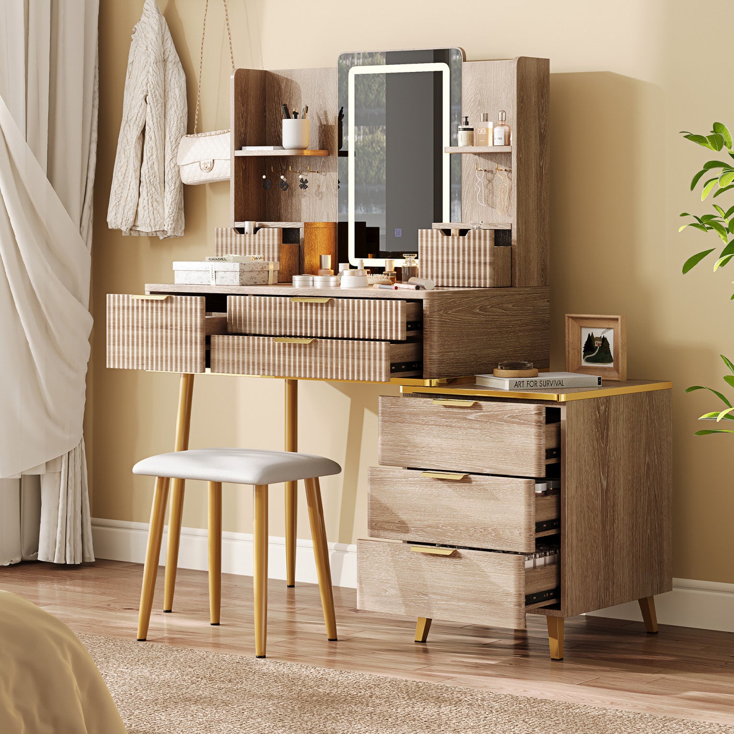 Victoria 7-Drawer Vanity Table Set with LED Mirror and Metal Legs,Y