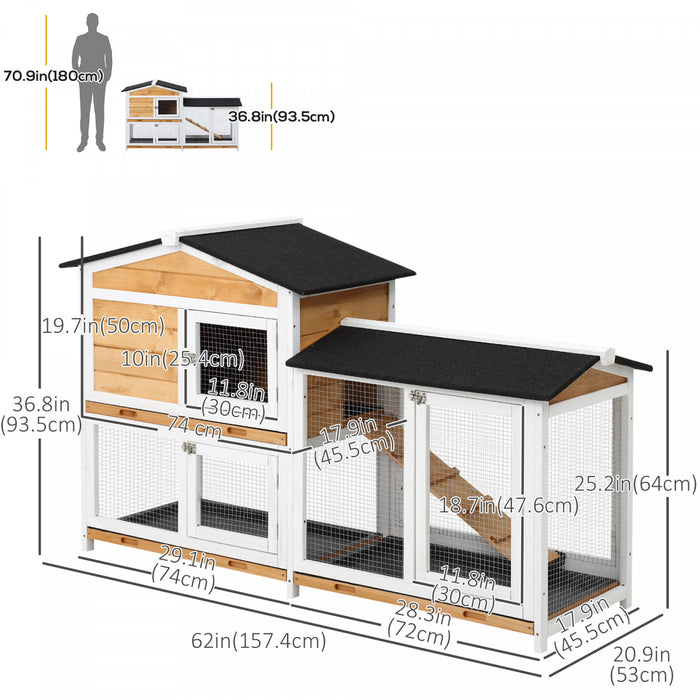 Pawhut 2-tier Wood Rabbit Hutch Backyard Bunny Cage Small Animal House W/ Ramp And Outdoor Run, Yellow