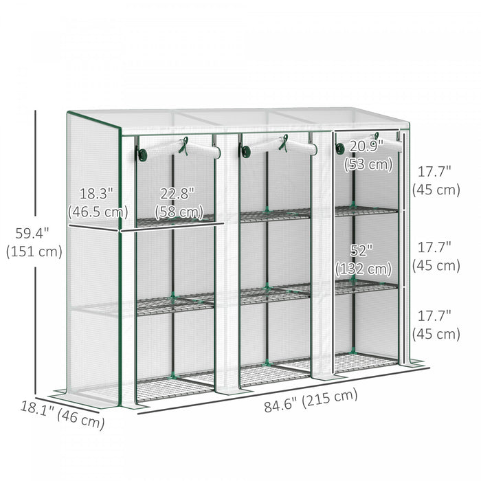 Outsunny Lean-to Mini Greenhouse W/ 3 Tier Shelves, 3 Roll-up Doors, White
