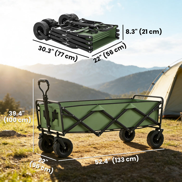 Outsunny 130L Folding Garden Cart with Wheels, Heavy-Duty Collapsible Wagon with Brakes, 550lbs Capacity, Adjustable Handle and Carry Bag for Camping, Garden, Beach, Green