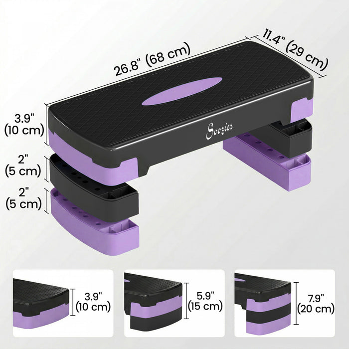 Soozier Aerobic Exercise Step Platform, 4\"/6\"/8\" Height Adjustable Aerobic Stepper with Risers, Workout Stepper for Home Gym, Men, Women, Cardio Fitness, Strength Training, Purple