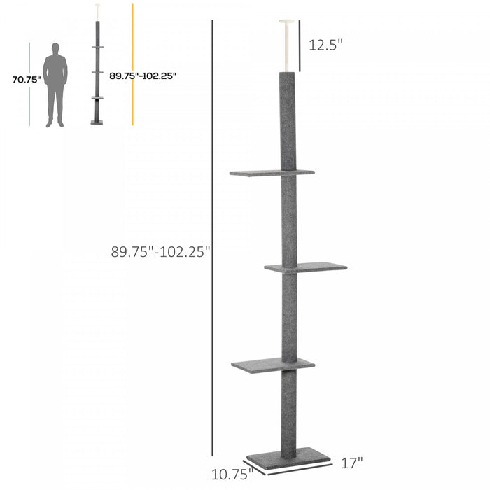 Pawhut 100\" Floor To Ceiling Cat Tree W/ 3 Perches Activity Center For Kittens Cat Tower Furniture, Grey
