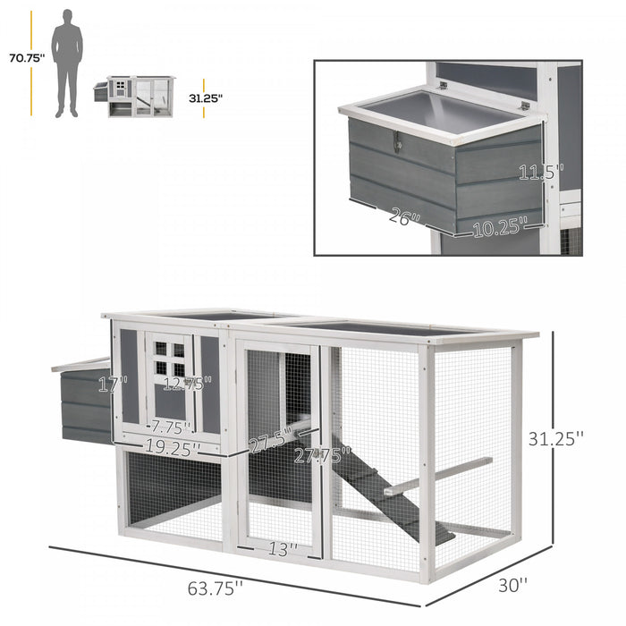 Pawhut 64\" Wooden Chicken Coop, Outdoor Hen House Poultry Cage With Outdoor Run, Nesting Box, Removable Tray, Openable Roof And Lockable Doors，white And Grey