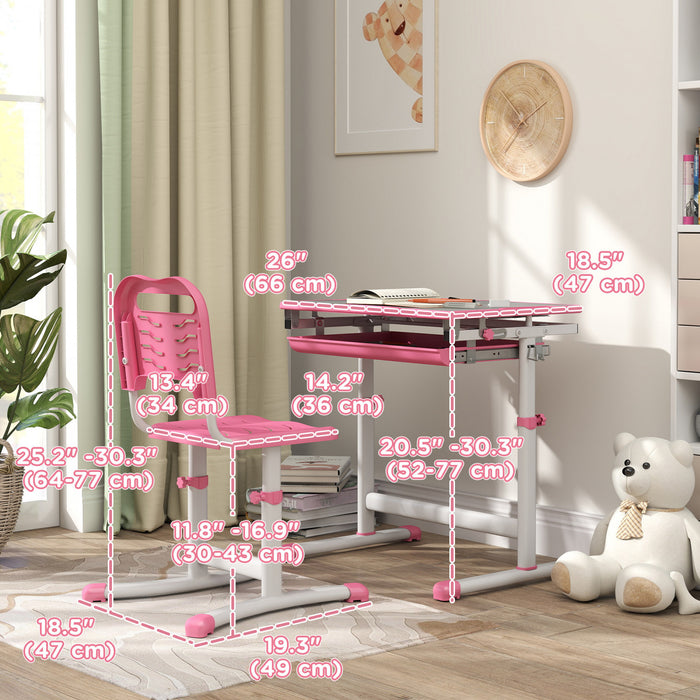Qaba Kids Desk And Chair Set, Height Adjustable Study Table And Chair Set With Drawer, Pen Slot, Tiltable Desktop, Hook, Pink