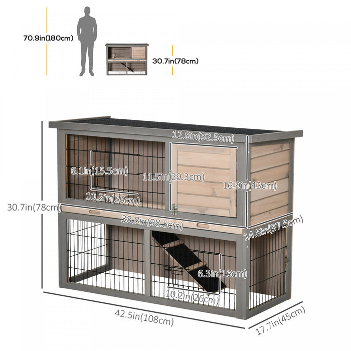 Pawhut 2-tier Wooden Rabbit Hutch Backyard Bunny Cage Habitat Small Animal House W/ Ramp, Slide Out Tray And Outdoor Run, Grey