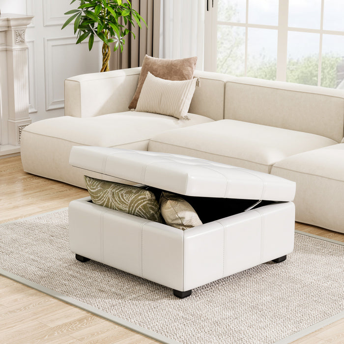 Liam 34.25\" Large Square Faux Leather Ottoman Coffee Table with Storage,Beige