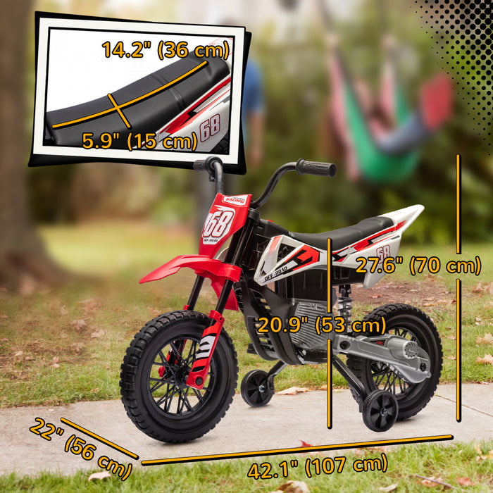Qaba Kids Dirt Bike with Twist Grip Throttle, 12V Electric Motorcycle, Electric Bike with Training Wheels, Spring Suspension & Music, for Toddler 3-6 Years, Red