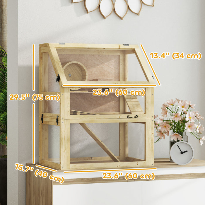 PawHut Wooden Hamster Cage, 3 Tier Gerbil Cage with Detachable 12.6\" Deep Bottom, Hut, Seesaw, Exercise Wheel, Ramps, Small Animal Habitat for Dwarf, Rat, 24\" x 16\" x 29.5\"