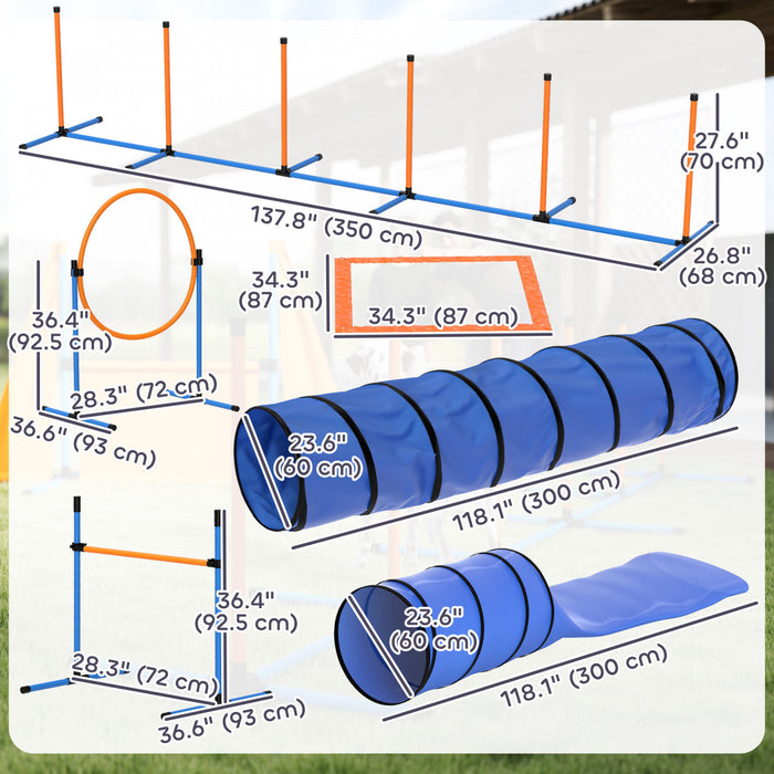 PawHut Dog Agility Training Equipment, 11PCS Dog Obstacle Course Starter Kit with 2 Tunnels, Adjustable Jumps & Ring, Weave Poles, Pause Box, Treat Bag, Bowl, Toys and Carrying Bag