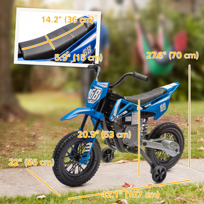 Qaba Kids Dirt Bike with Twist Grip Throttle, 12V Electric Motorcycle, Electric Bike with Training Wheels, Spring Suspension & Music, for Toddler 3-6 Years, Blue