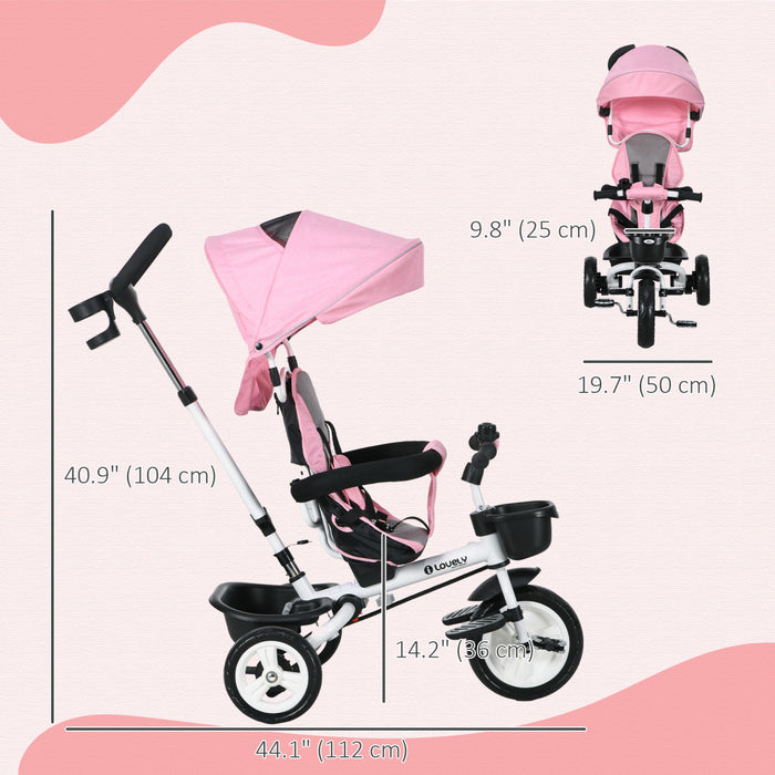 Qaba Toddler Tricycle, 6 In 1 Stroller Bike With Parent Push Handle, Canopy, Storage Baskets, Cupholder, Safety Guardrail And 5-point Safety Belt, For 12-60 Months, Pink