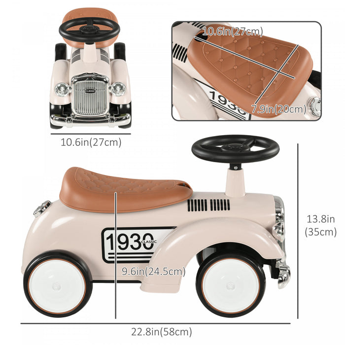 Aosom Kids Ride On Sliding Car With Under Seat Storage, Foot To Floor Slider With Steering Wheel And Horn, Ride On Vintage Car For Toddlers, Aged 18-36 Months, Cream White