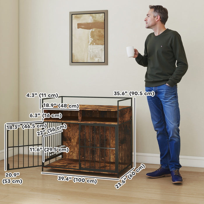 PawHut Dog Crate Furniture, 39 Inch Indoor Dog Kennel with Rotating Feeding Station and Storage Shelves, Pet Crate End Table for Small Medium Large Breeds, Rustic Brown
