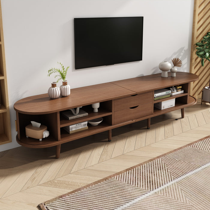 Ethan Oval TV Stand Media Console with Sliding Doors and Drawers,Dark Oak