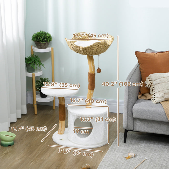 PawHut 40\" Cat Tree for Indoor Large Adult Kittens, Real Wood Cat Tower with Sisal Scratching Posts, Condo, Perch, Plush Washable Cushion, White
