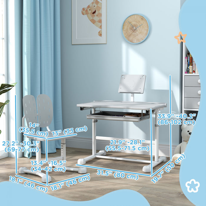 Qaba Kids Desk And Chair Set, Height Adjustable Kids Study Table And Chair Set With Tilt Desktop, Large Writing Board, Storage Drawer, Book Stand For 3-12 Years, Grey