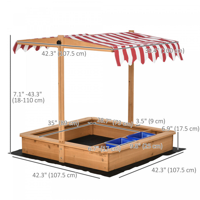 Kids Wooden Sandbox, Children Play Sand Station Outdoor With Adjustable Height Cover Lid, Bottom Liner, Seat, Plastic Basins, For 3-7 Years Old Boys And Girls