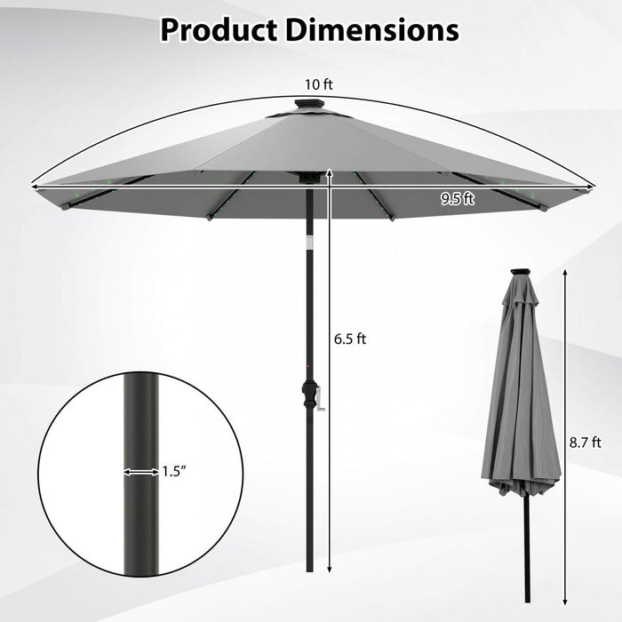 Costway 10 FT Solar Patio Umbrella with 96 LED Lights 35° Adjustable Tilt Vented Top Gray