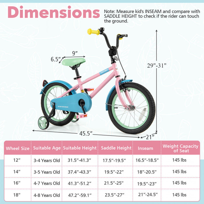 Costway 16\" Kids Bike With Adjustable Saddle Handlebar Removable Training Wheels Handbrake Pink