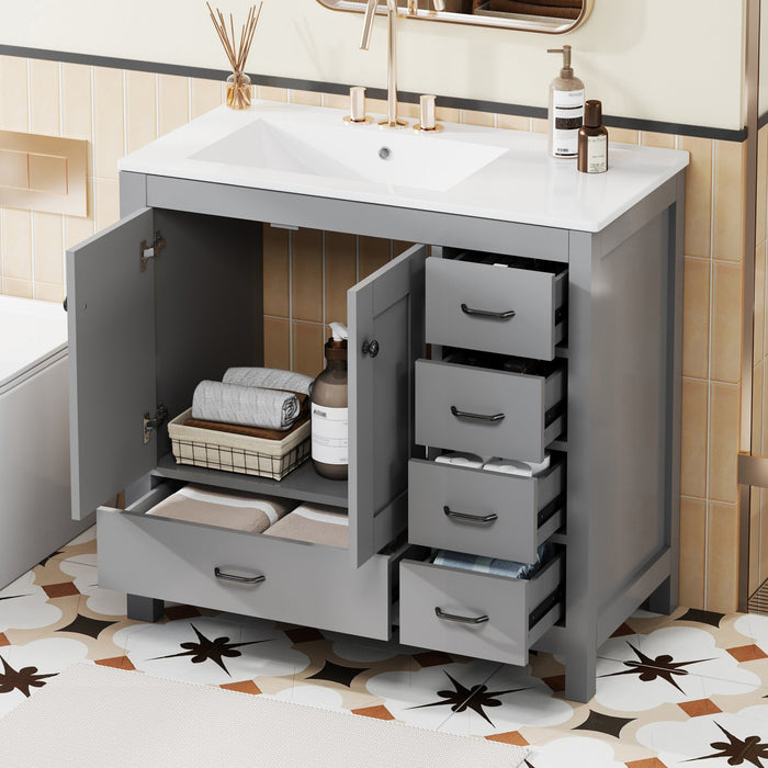 Derek 36 Inch Modern Bathroom Vanity with Ceramic Sink & Multi Storage, Grey
