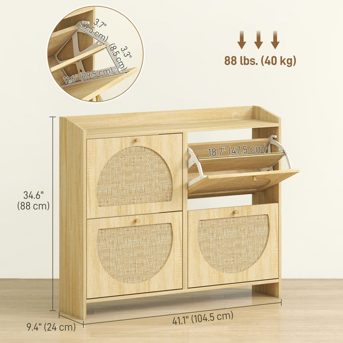 HOMCOM Shoe Cabinet, Shoe Storage Cabinet with 4 Flip Drawers, Natural