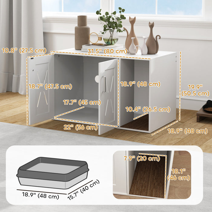 Pawhut Cat Litter Box Enclosure, Hidden Cat Litter Box Furniture With Scratching Board, Cat House End Table Fit For Most Litter Box And Cats, 31.5\" X 19\" X 20\", White