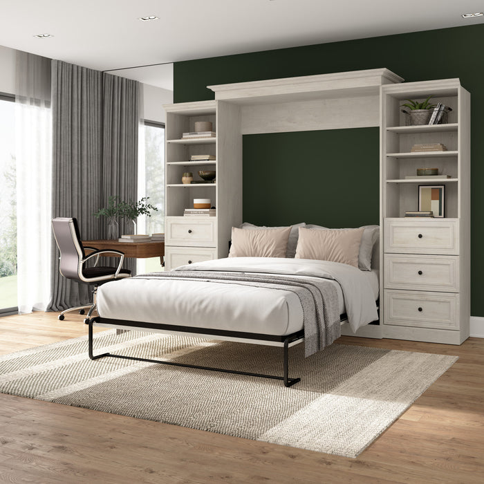 Bestar Versatile Queen Murphy Bed and Two Closet Organizers with Drawers (115 W) - Linen White Oak