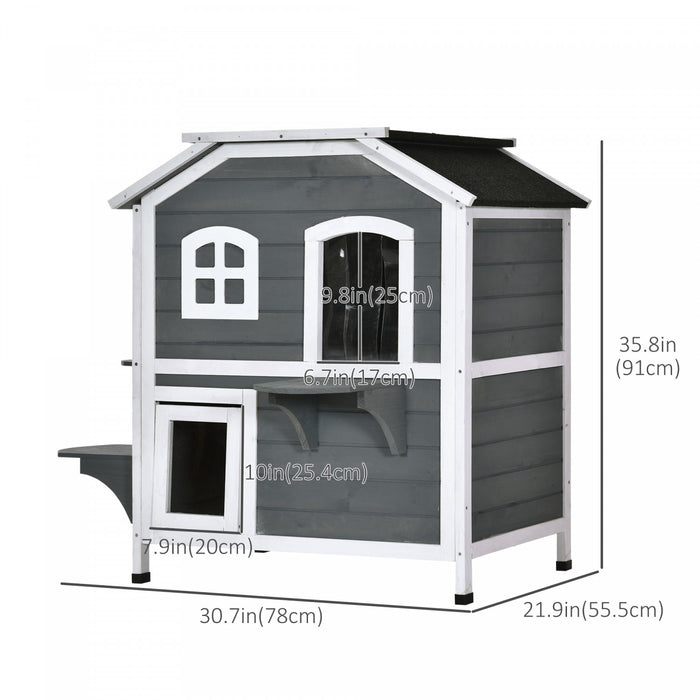 Pawhut Wood Outdoor Cat House 2-stories Catio For Cats With Indoor Lounge Space, Fun Entrances, Grey