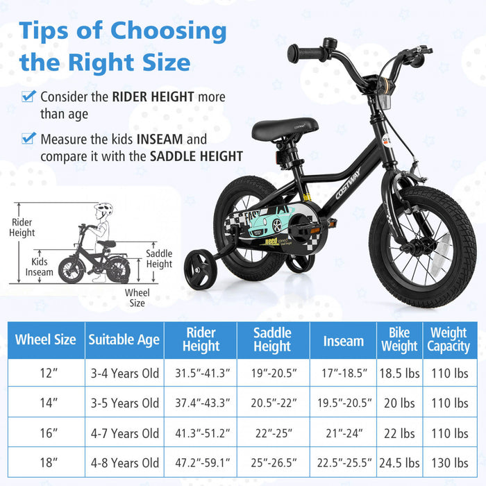 Costway 12\" Kids Training Bike With Removable Training Wheels Pneumatic Tires Black