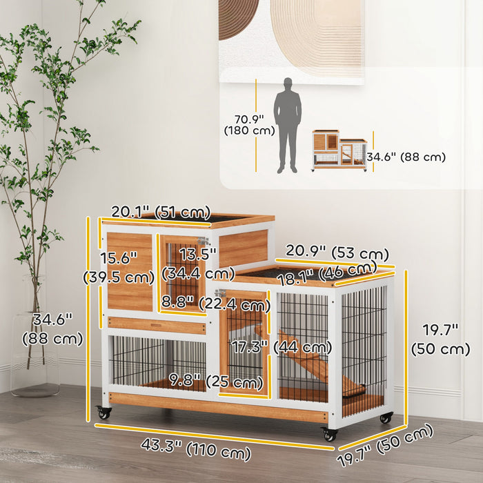 Pawhut Rabbit Hutch Indoor Bunny Cage Guinea Pig House On Wheels With Run, Pull Out Trays, Yellow