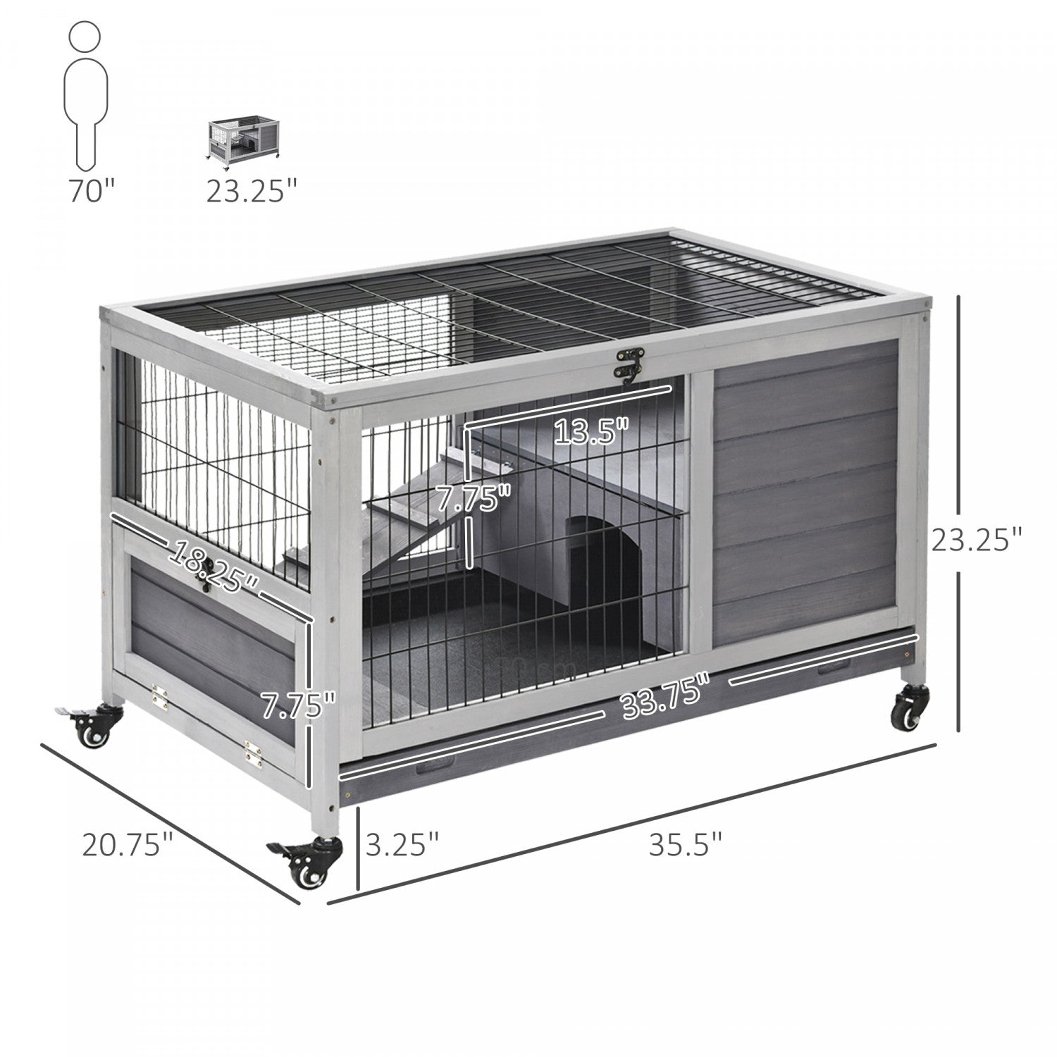 PawHut Wooden Indoor Rabbit Hutch Elevated Cage Habitat with Enclosed Run with Wheels Ideal for Rabbits and Guinea Pigs